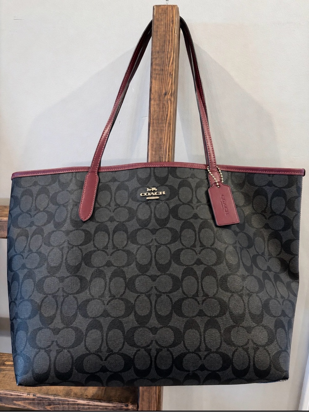 Coach City Tote in Graphite Signature Canvas with Black Cherry Leather Trim